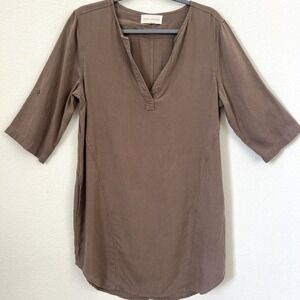 Side Stitch Shirt Dress Sz L Knee length half sleeve Tencel Pockets lagenlook